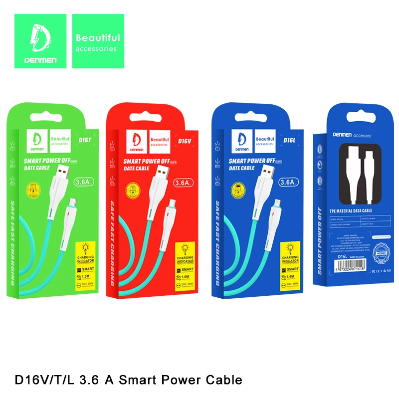 Denmen 3.6A Fast Charging USB Data Cable with LED indicator for quick, safe charging and smooth data transmission.