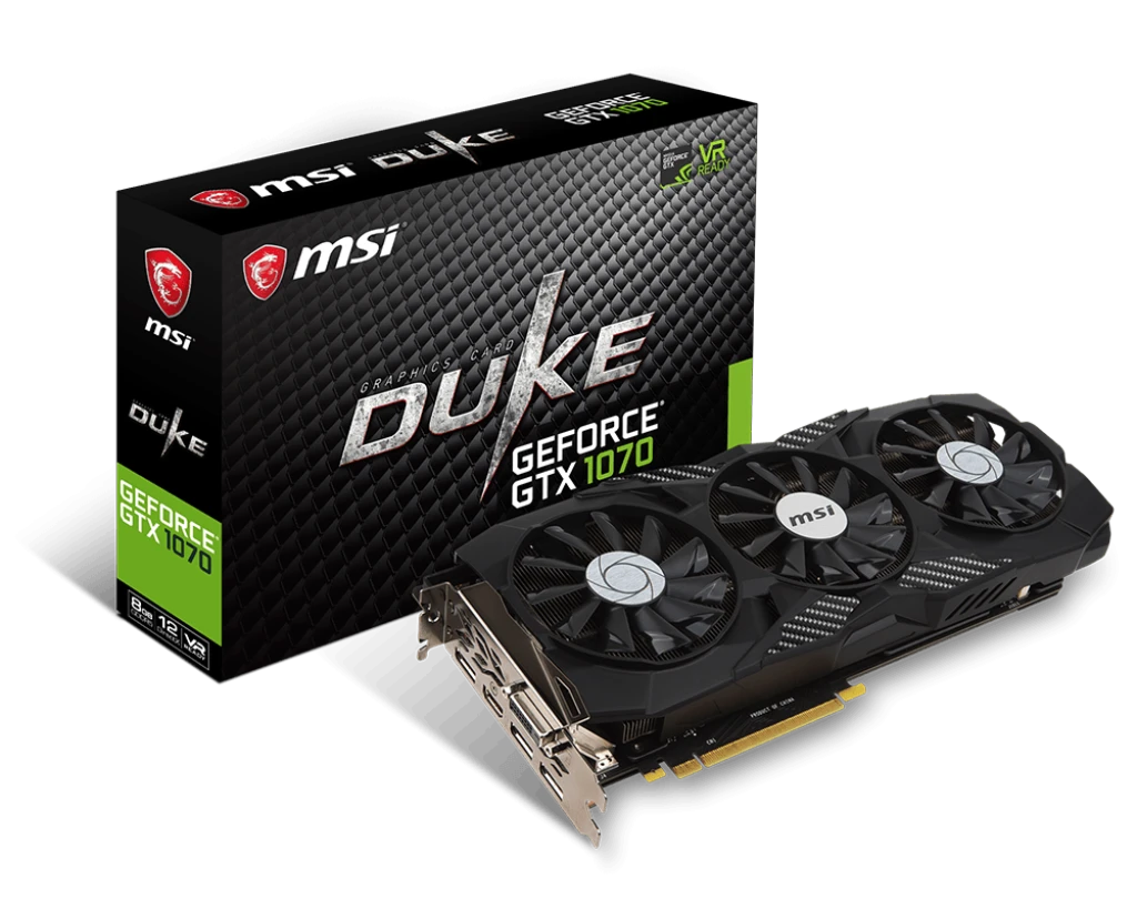 MSI GeForce GTX 1070 DUKE 8G OC graphics card ( 96% NEW ) delivers smooth 1080p and 1440p gaming, factory overclocked performance, and efficient cooling. Powerful For Video editing and 3D rendering