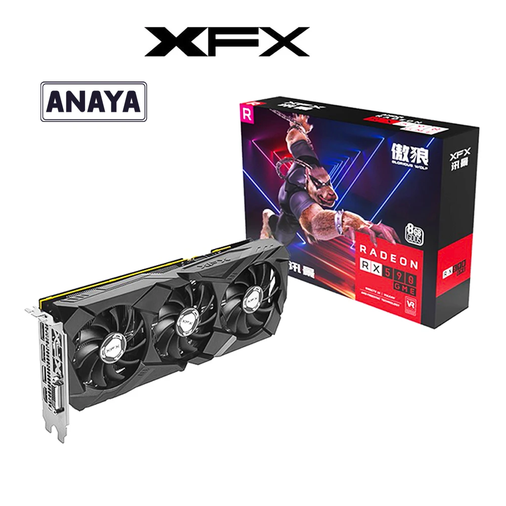 AMD XFX Radeon RX-590 GME 8GB Proud Wolf Edition ( 97% NEW ) graphics card featuring triple fans for enhanced cooling and stable high-performance gaming. Powerful For Video editing and 3D rendering