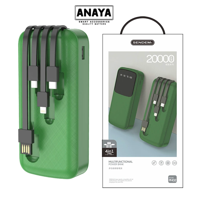 Sendem PH02 5A Digital Display 20000mAh Multifunctional Power Bank with built-in 4-in-1 cables, dual USB outputs, and smart LED battery indicator. High-capacity portable charger compatible with iPhone, Android & USB devices, (Micro-USB, USB-C, Lightning)