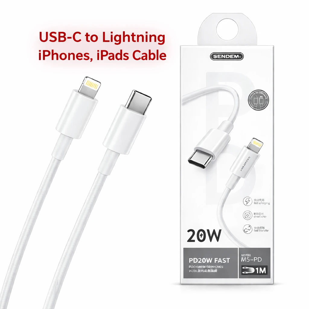Sendem PD-20W iPhone Lightning PD data cable for fast charging and stable data transfer. Compatible with iPhone, iPad, and Apple devices.