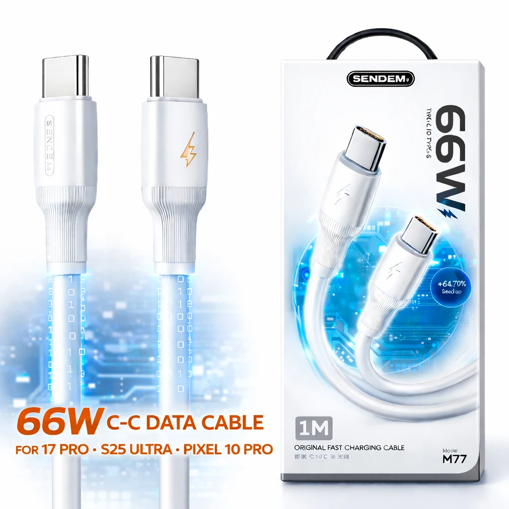 SENDEM M77 1M Type-C to Type-C Cable supports 66W fast charging with high-resilient silicone design. Durable, flexible, and compatible with mobile phones, tablets, and laptops
