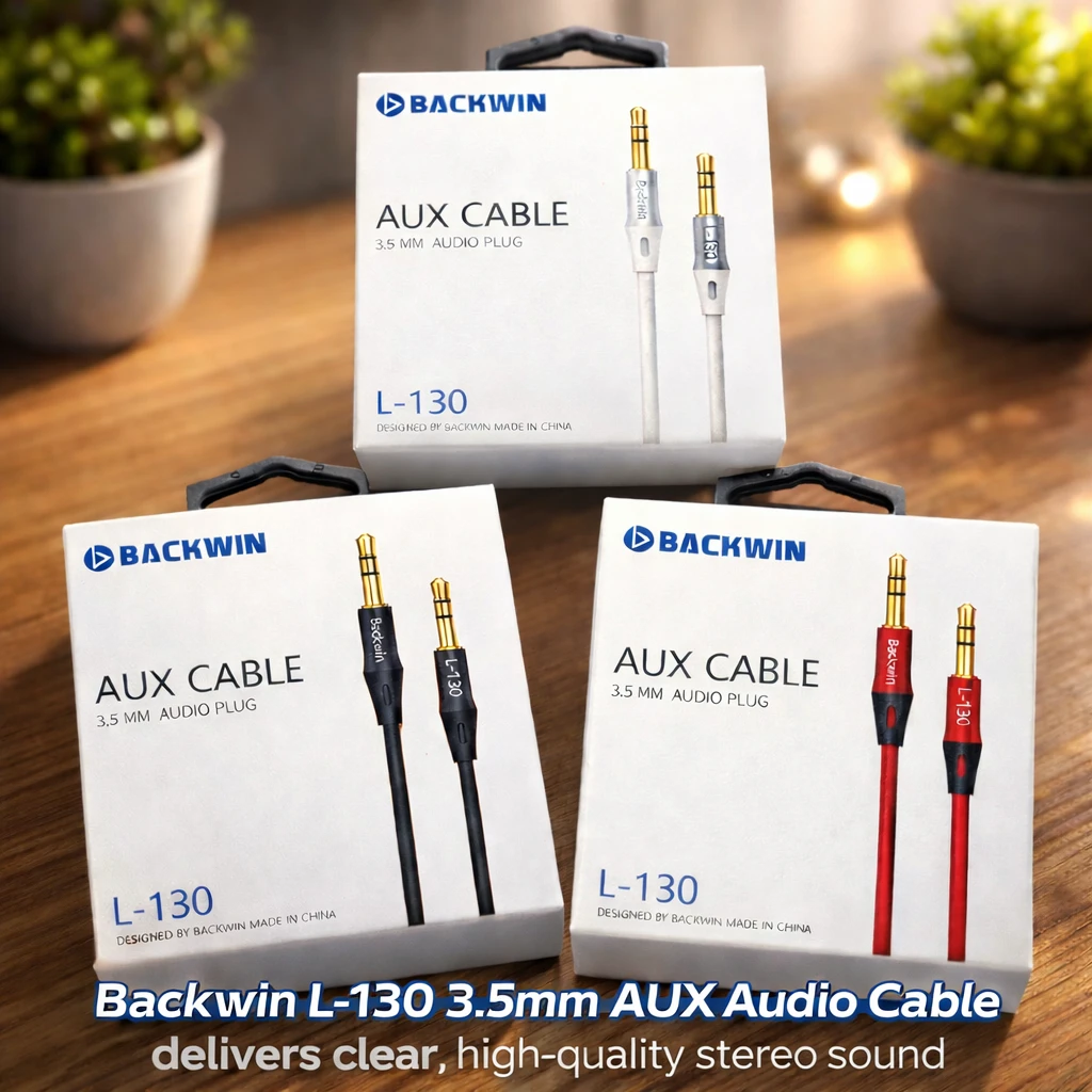 Backwin L-130 3.5mm AUX Audio Cable delivers clear, high-quality stereo sound for connecting smartphones, laptops, car stereos, speakers, and headphones. Durable design ensures stable audio transmission and long-lasting performance. 1 meter