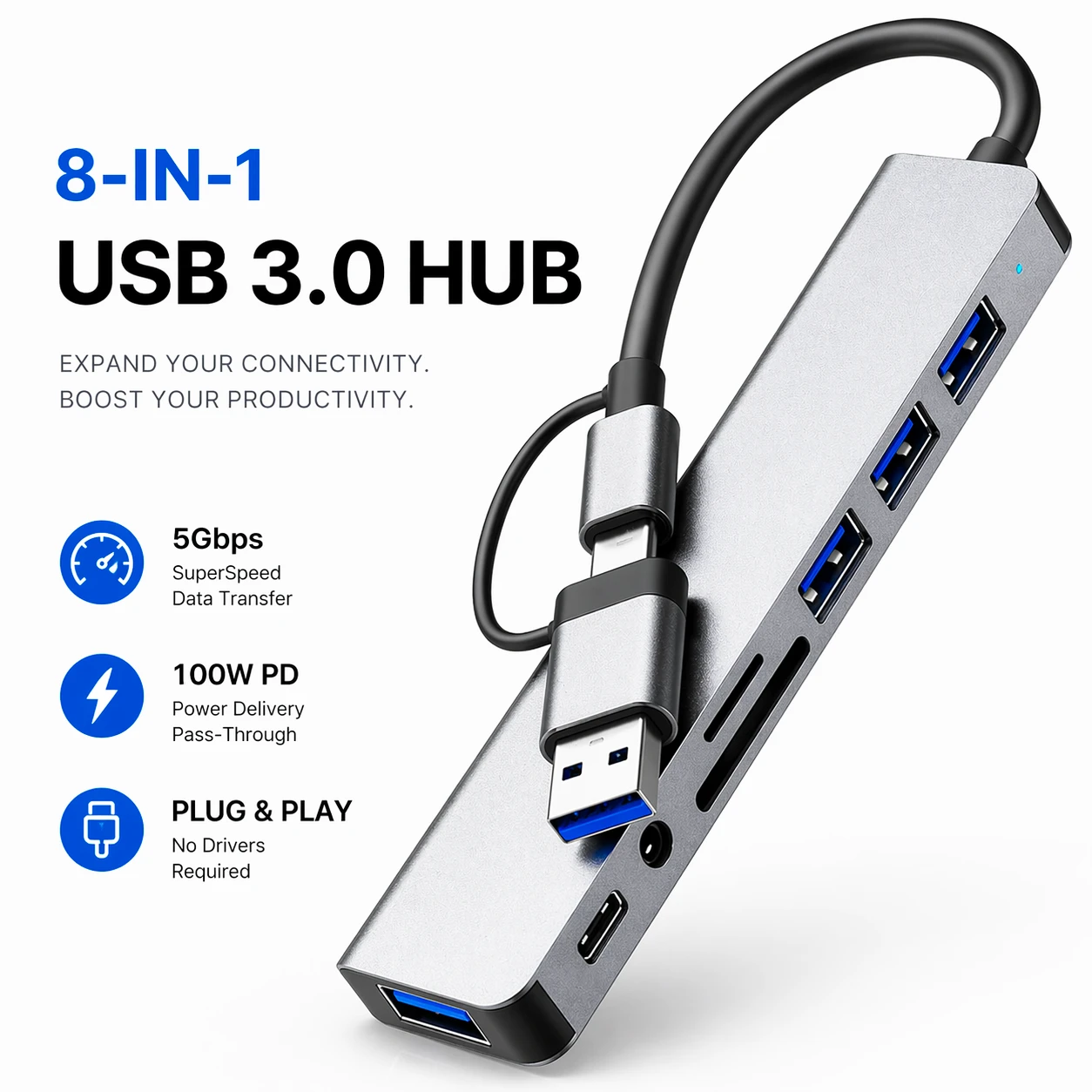 8-in-1 USB 3.0 Multi-Port Hub Adapter for Laptops, PCs & Mobile Phones