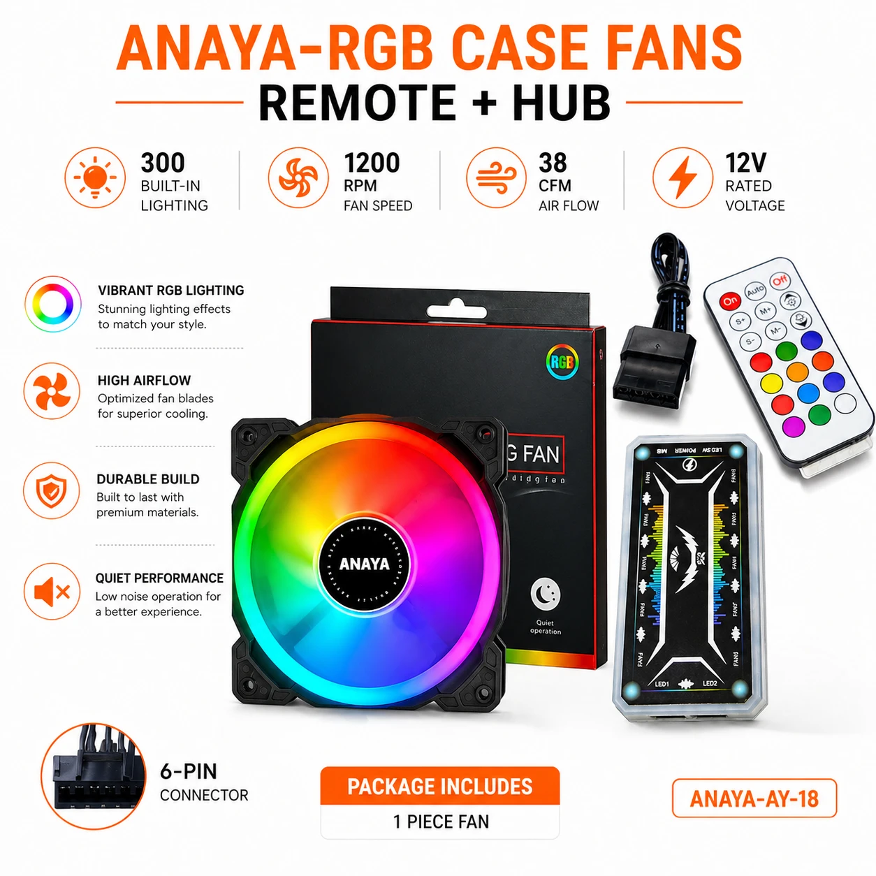 ANAYA AY-18 RGB 6-Pin Cooling Fan | RGB Gaming PC Case, Fan Hub & Remote Control