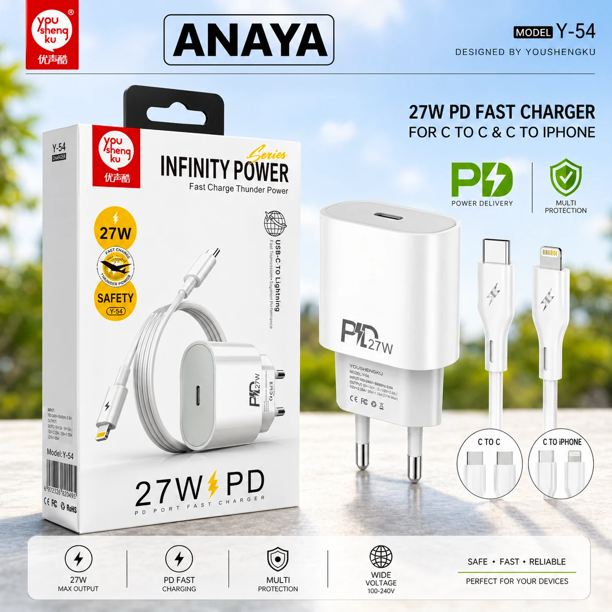 You ShengKu Y-54 PD 27W Infinity Power Fast Charger (Type-C to Type-C & Type-C to Lightning)