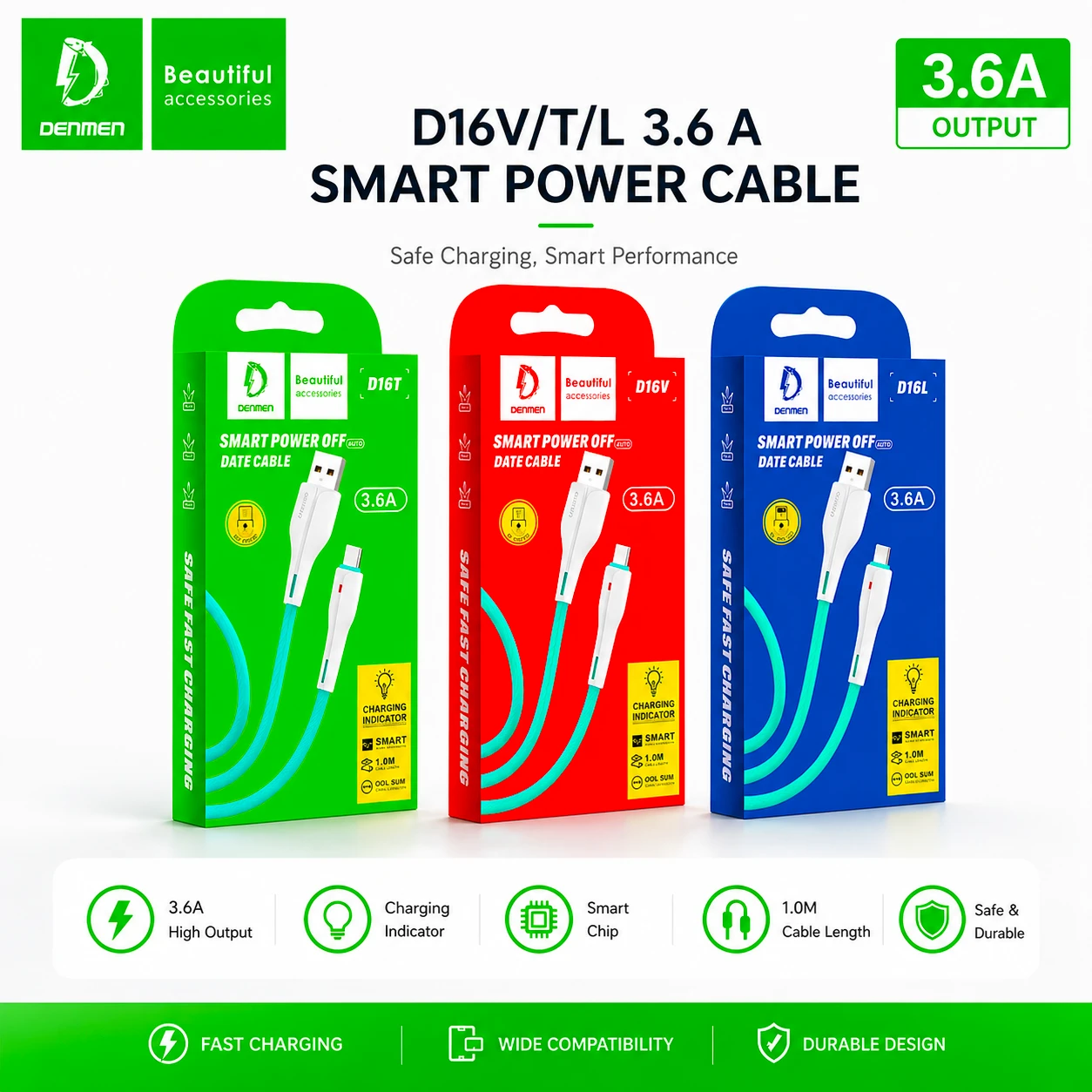 Denmen D16V/T/L 3.6A Fast Charging USB Cable with Smart LED Indicator