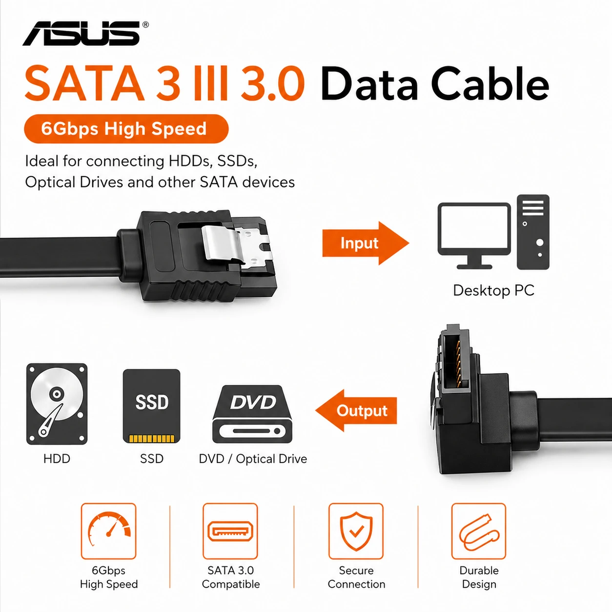 ASUS SATA Cables 3.0 Data Cable 6Gbps – High-Speed HDD/SSD Connector with Metal Latch