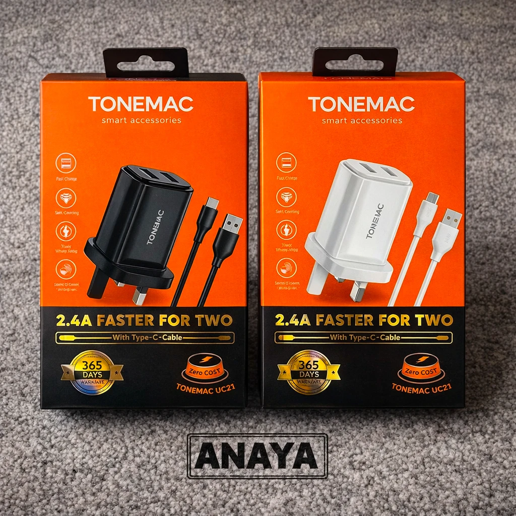 Tonemac UC32 12W Dual USB Fast Charger UK Plug for Android & iPhone