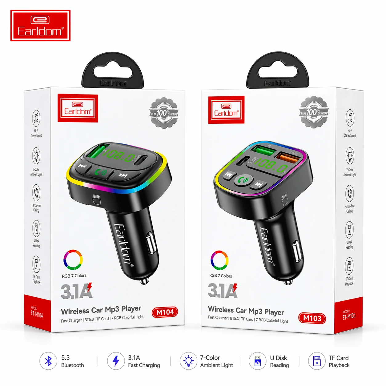 Earldom ET-M103 & ET-M104 Bluetooth FM Modulator | Type-C Fast Charging, Hands-Free Calling (12V–24V)