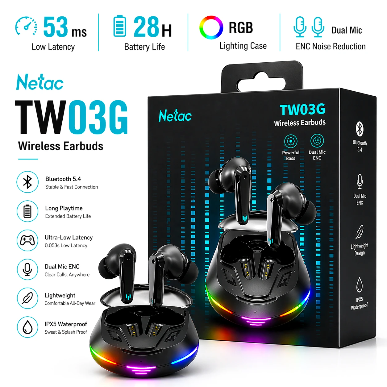 Netac TW03G RGB Gaming Bluetooth Earbuds | 53ms Low Latency, ENC & 28H Battery