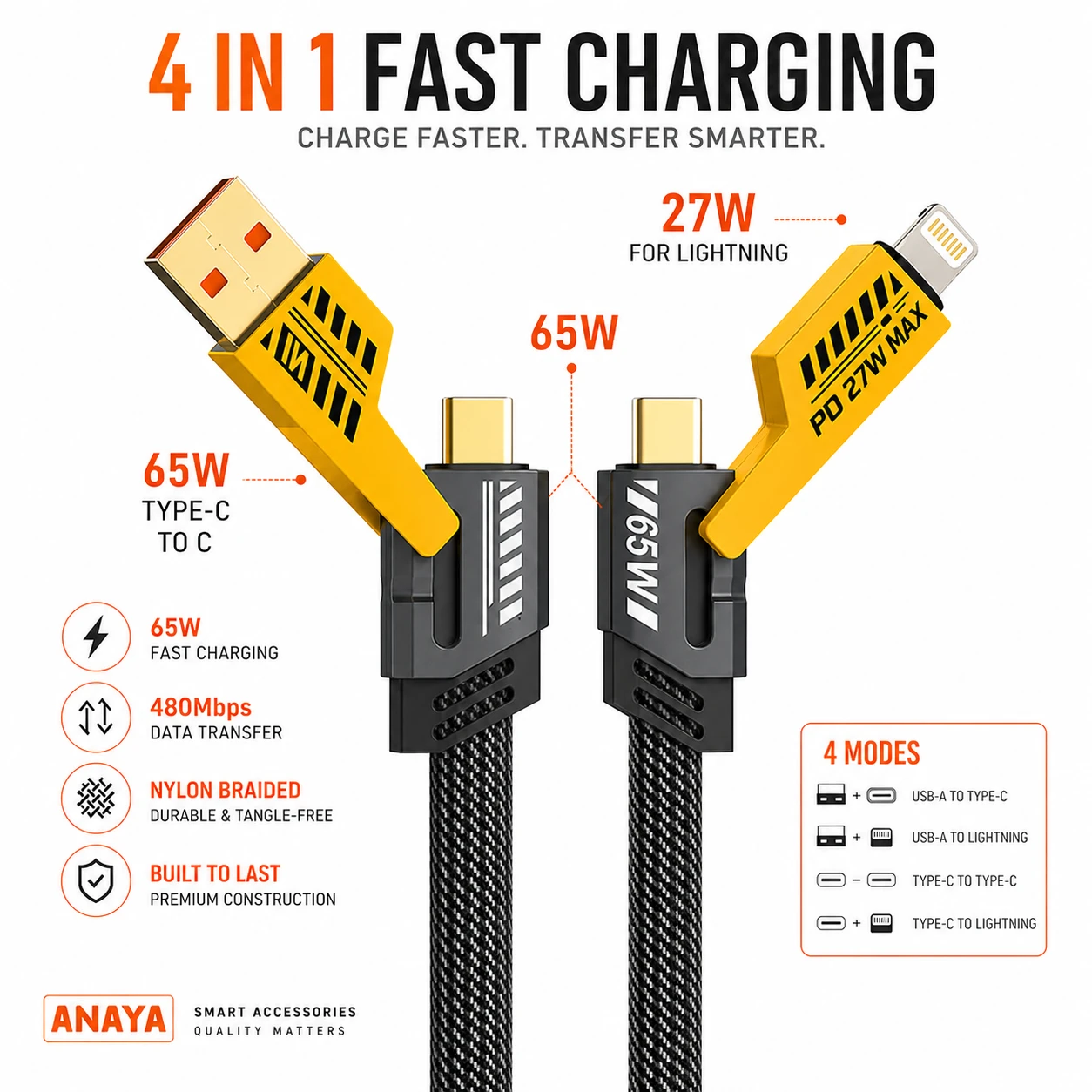 4-in-1 Fast Charging Cable 65W USB & Type-C to Lightning | PD27W iPhone Compatible | Nylon Braided Data Cable