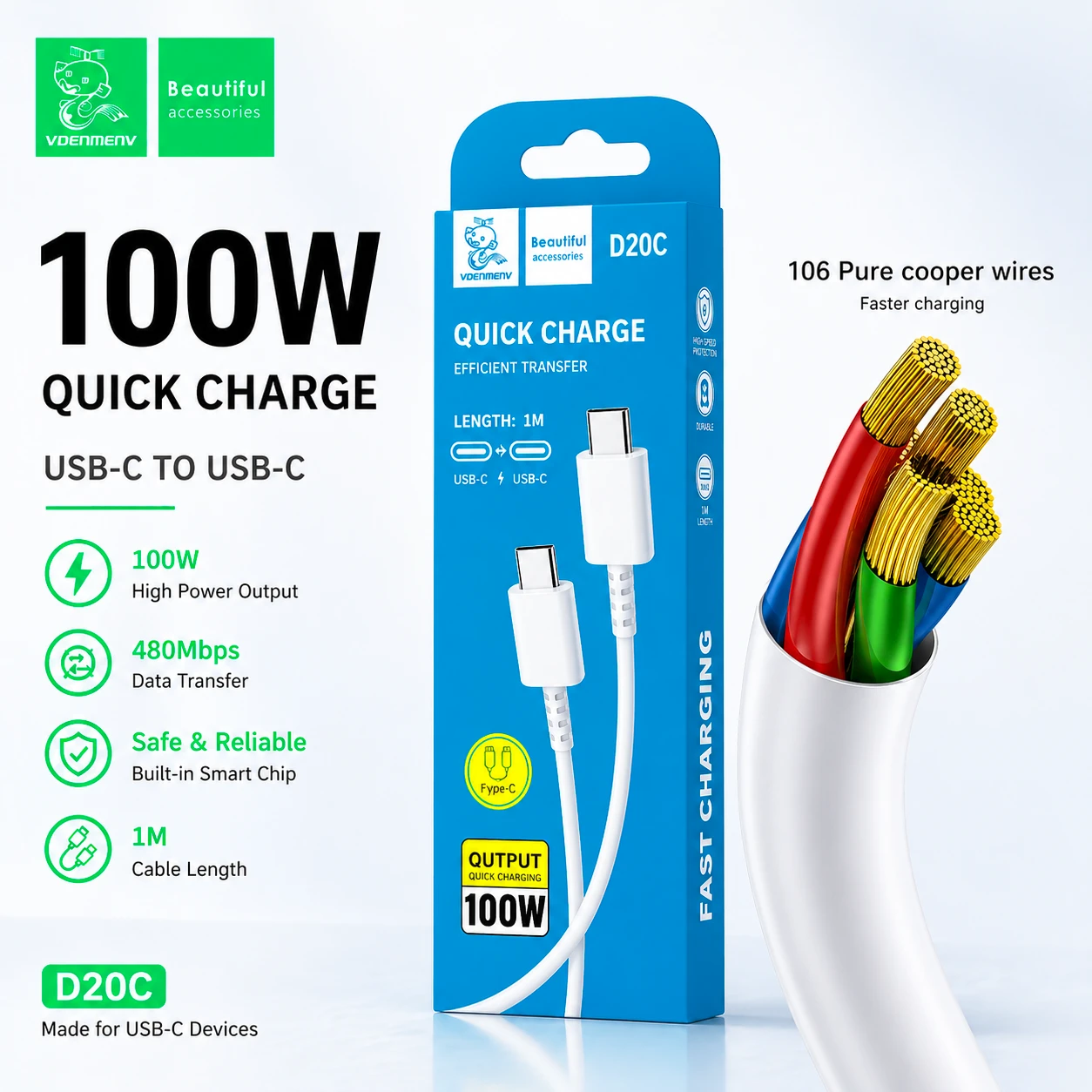 Denmen D20C 100W Type-C to Type-C Fast Charge Cable – High-Speed Data & Power