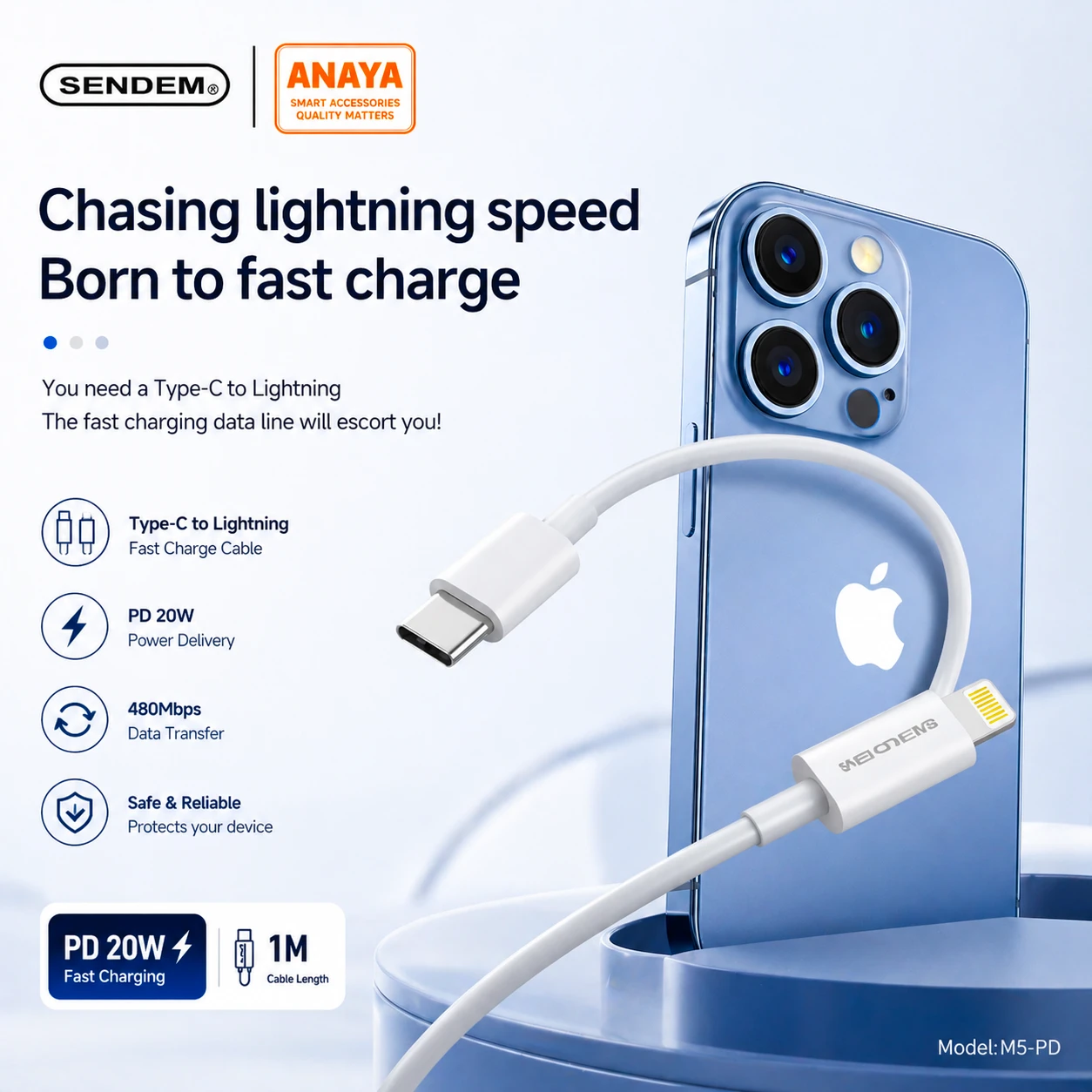 Sendem M5 PD-20W Type-C to Lightning Cable Fast Charge & Data Sync (1M)