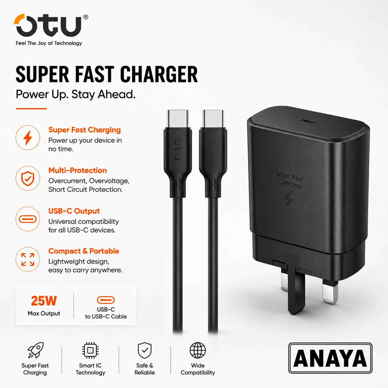 OTU ET04 PD 25W GaN Fast Charger (USB-C to USB-C Cable Included)  for iPhone & Android