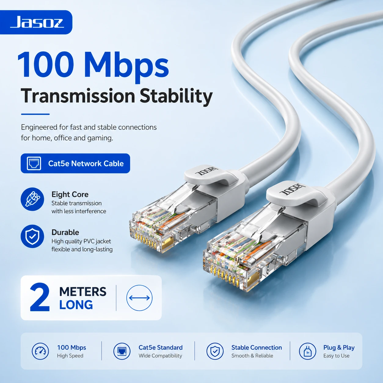 Jasoz E120 Cat5e Ethernet Patch Cable 2M | High-Speed LAN Network Cable