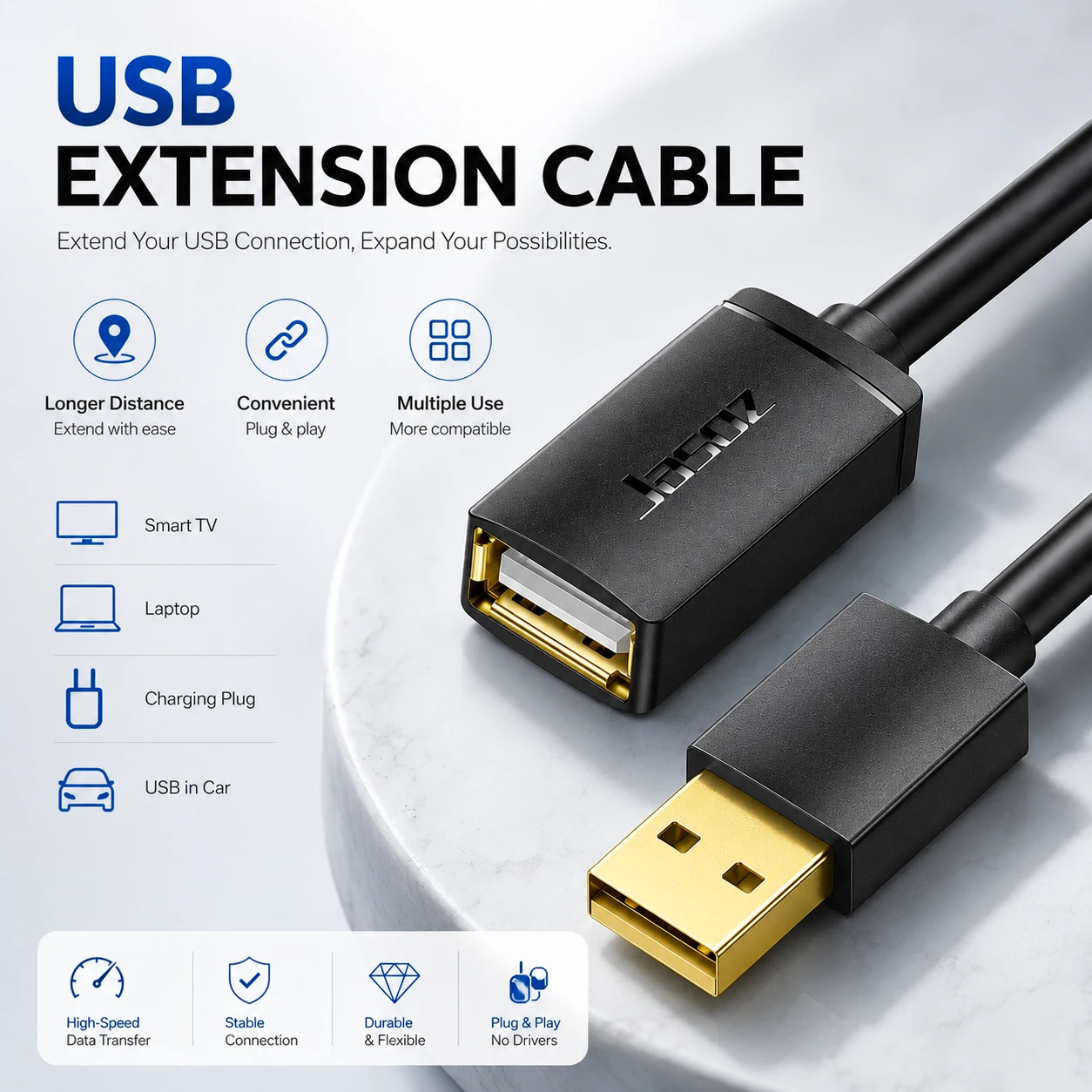 jasoz D106 USB Extension Cable for Smart TVs, PCs & Laptops
