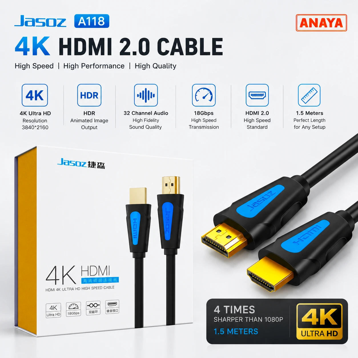 Jasoz A118 HDMI 2.0 Cable 1.5M – 4K HDR High-Speed Cable