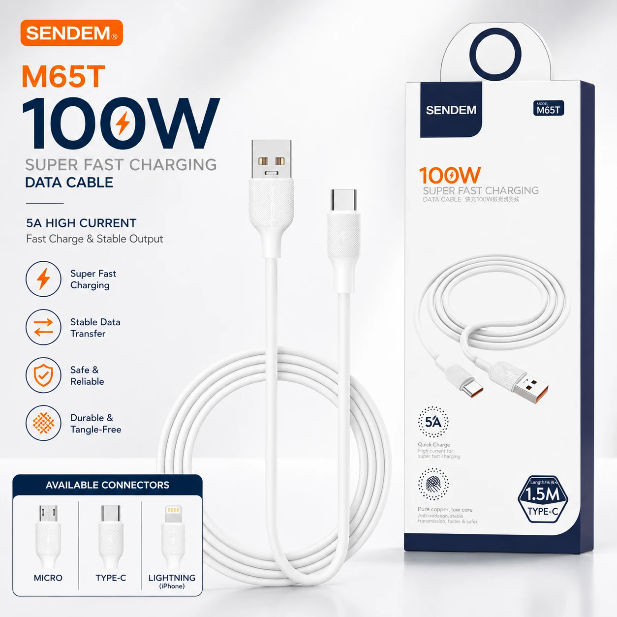 Sendem M65 5A 100W Fast Charging USB Data Cable for Type-C, Lightning & Micro USB