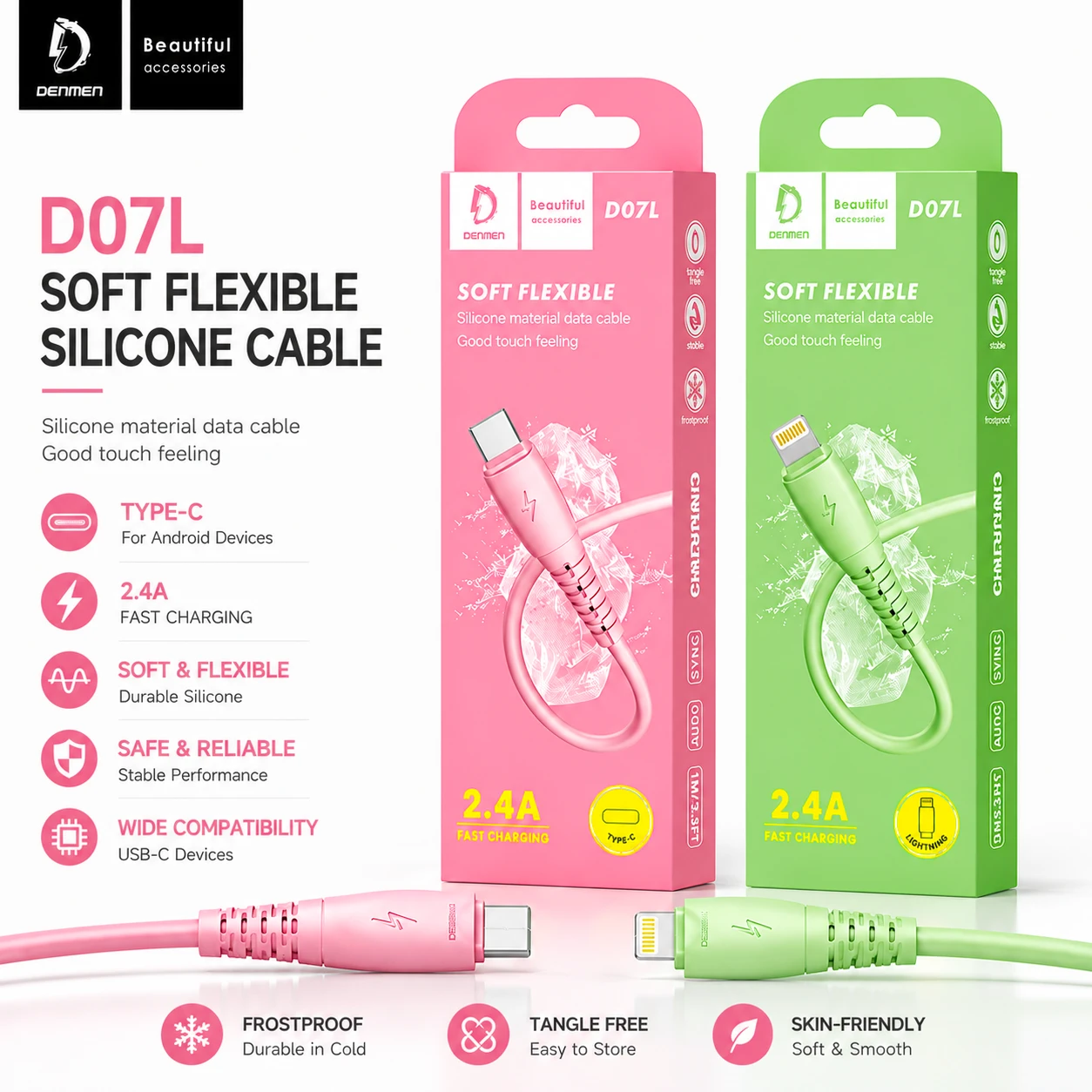 Denmen D07 Fire-Proof Silicone USB Cable for iPhone & Android