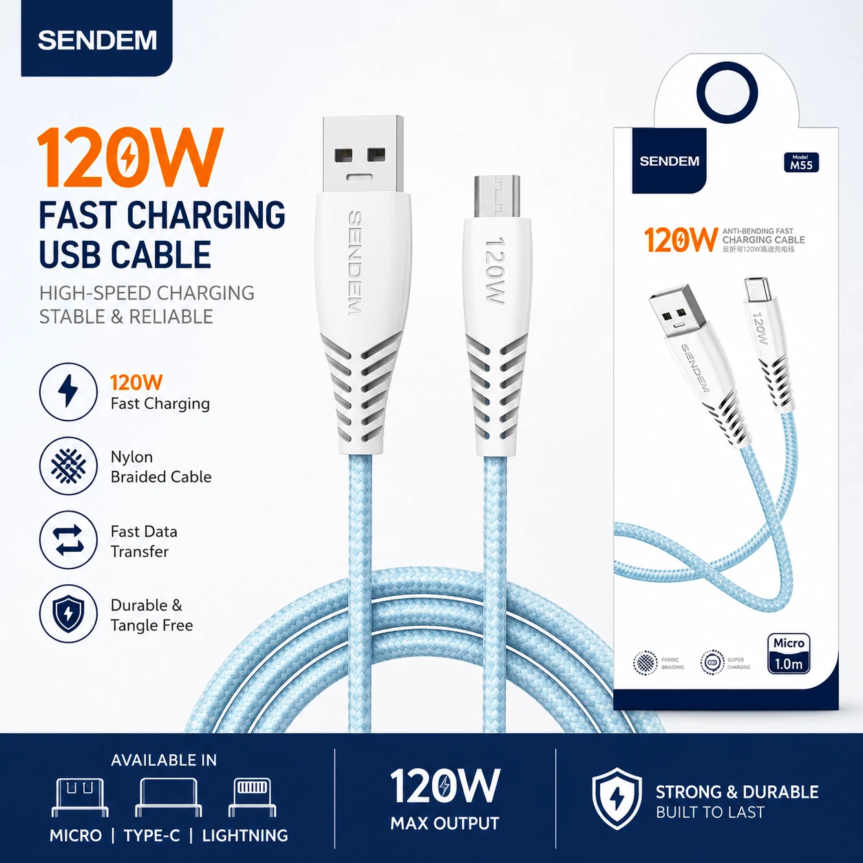 Sendem  Sendem M55 120W Fast Charging Nylon Braided USB Cable durability nylon braided design