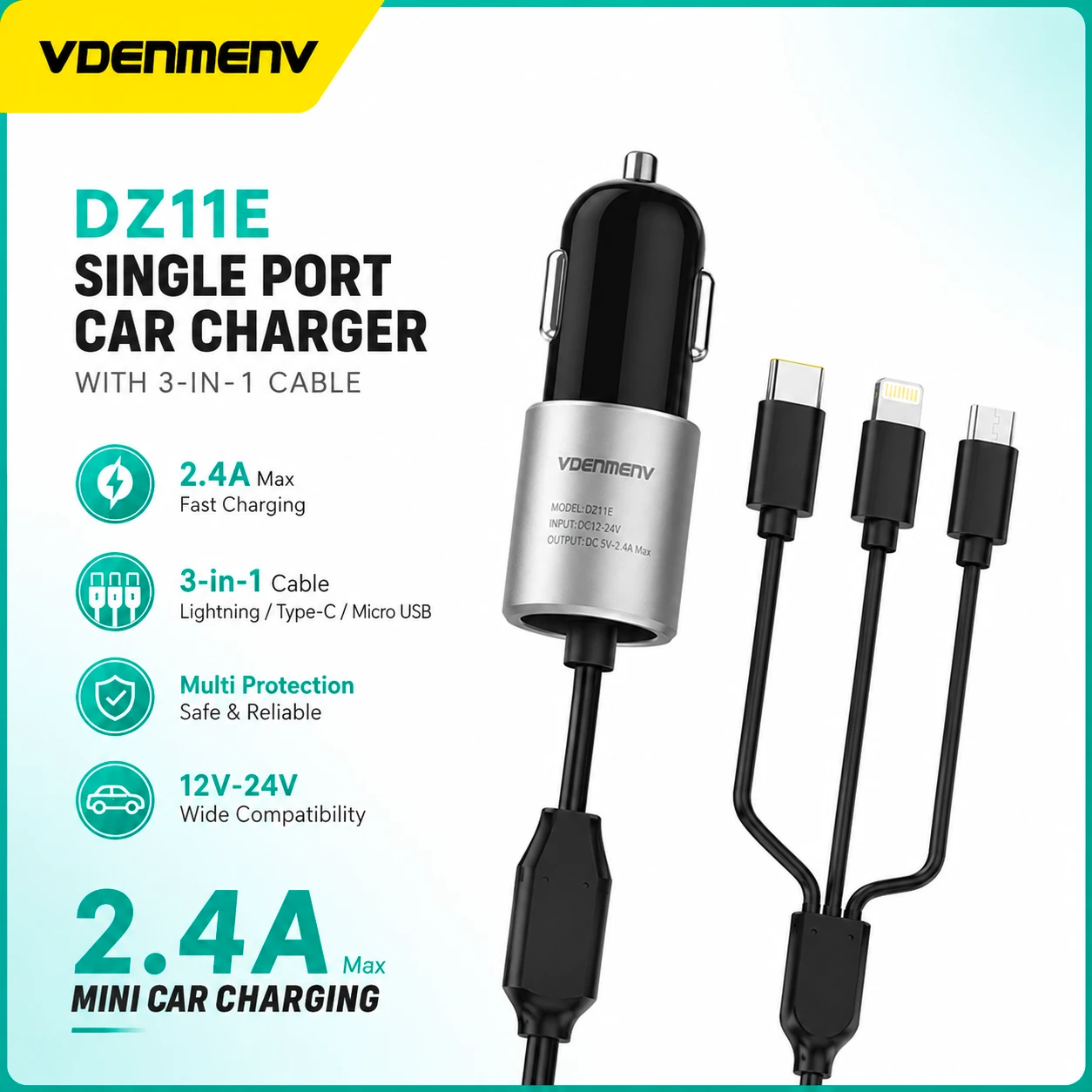 Vdenmenv DZ11E 3-in-1 Dual USB Fast Car Charger for iPhone, Type-C & Micro USB
