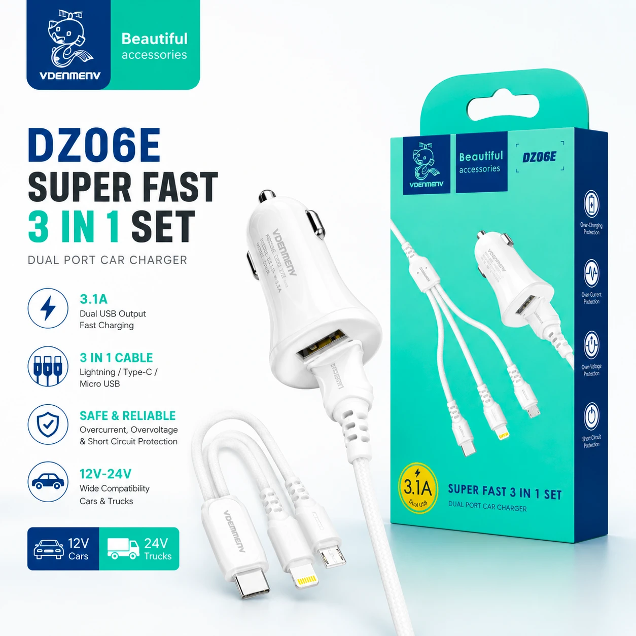 Denmen DZ06E 3-in-1 Fast Car Charger with Dual USB Ports for 12V–24V Vehicles