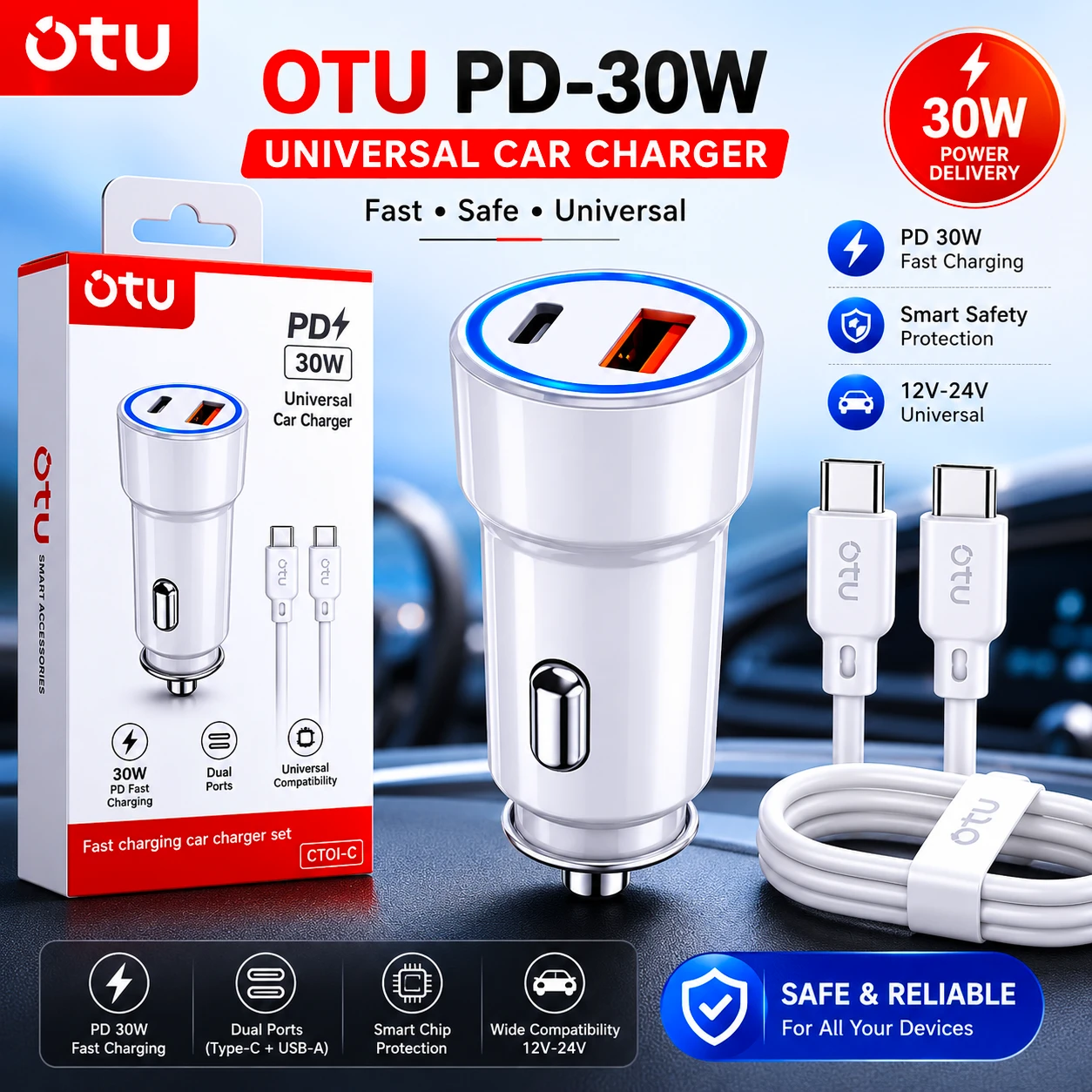 OTU CT01-C PD-30W Super Fast Car Charger for 12V–24V Vehicles, compatible with A...