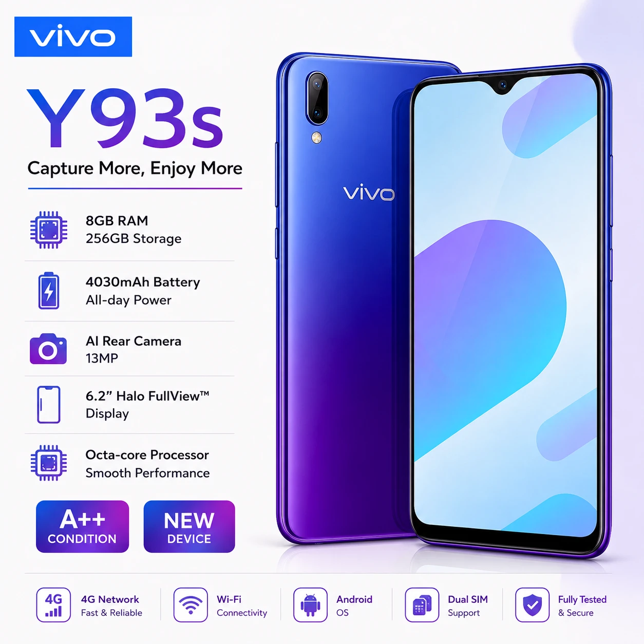 vivo Y93s (8GB RAM + 256GB Storage) – A++ Condition | Dual SIM | 4G LTE | WhatsApp Supported