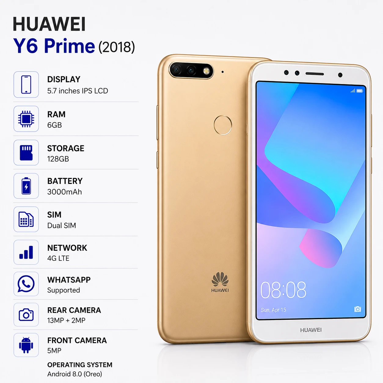 Huawei Y6 Prime (2018) (6GB RAM + 128GB Storage) – A++ Condition | Dual SIM | 4G LTE | WhatsApp Supported