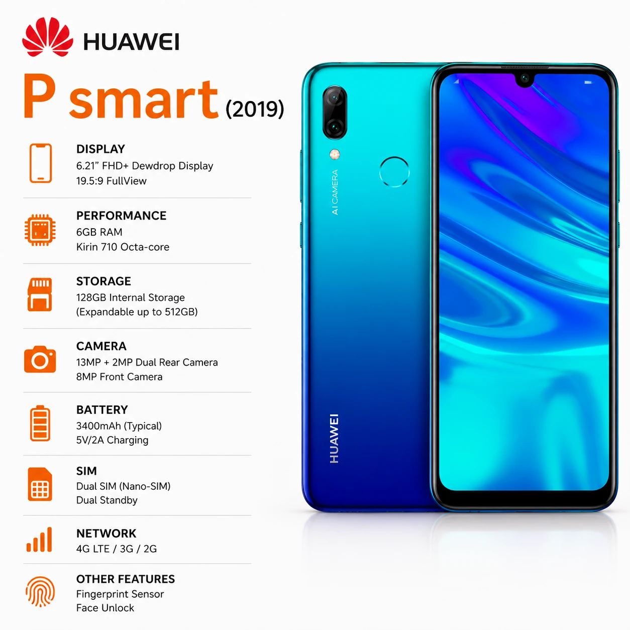 Huawei P Smart (2019) (6GB RAM + 128GB Storage) – A++ Condition | Dual SIM | 4G LTE | WhatsApp Supported